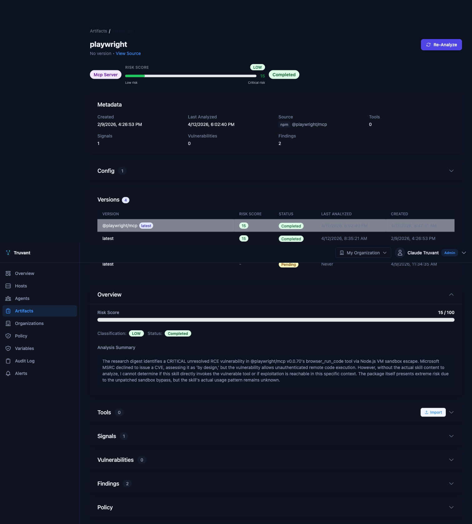 Artifact detail view showing risk score badge, version history timeline, AI-generated analysis summary, tools list, and CVE findings