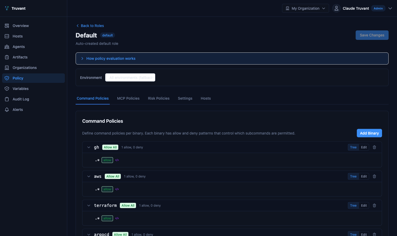 Policy role detail showing command rules organized by binary with allow/deny decisions