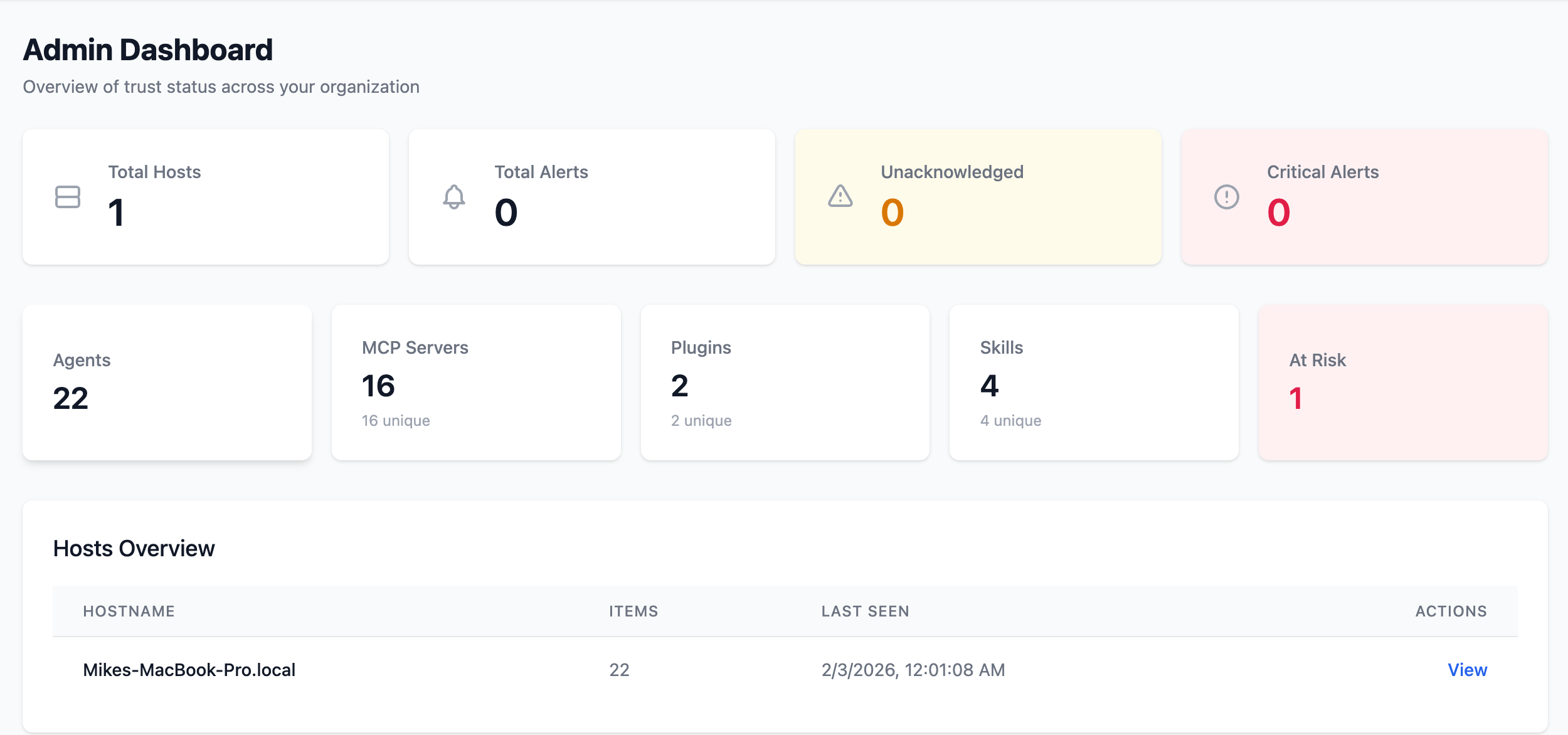 Admin dashboard showing hosts, alerts, MCP servers, plugins, and skills across the organization