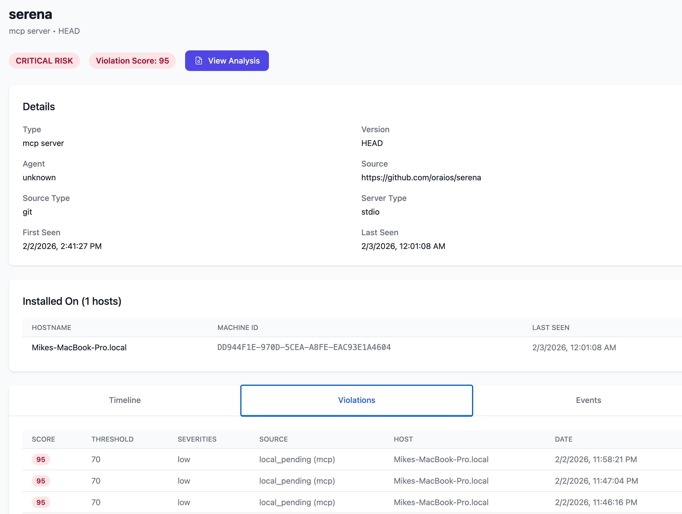 MCP server detail showing critical risk score, violation history, and host tracking