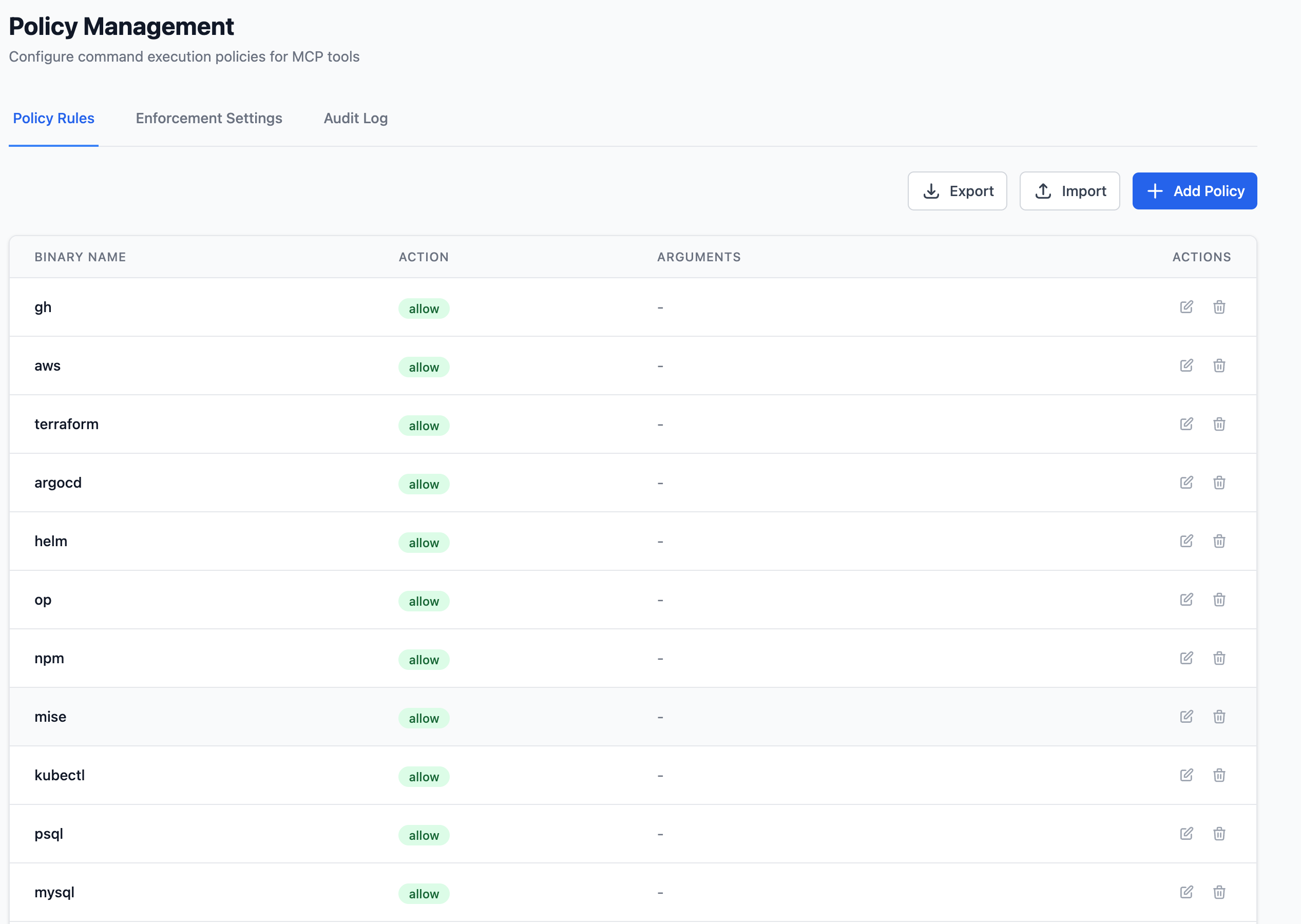 Policy management interface with allow/deny rules for command binaries